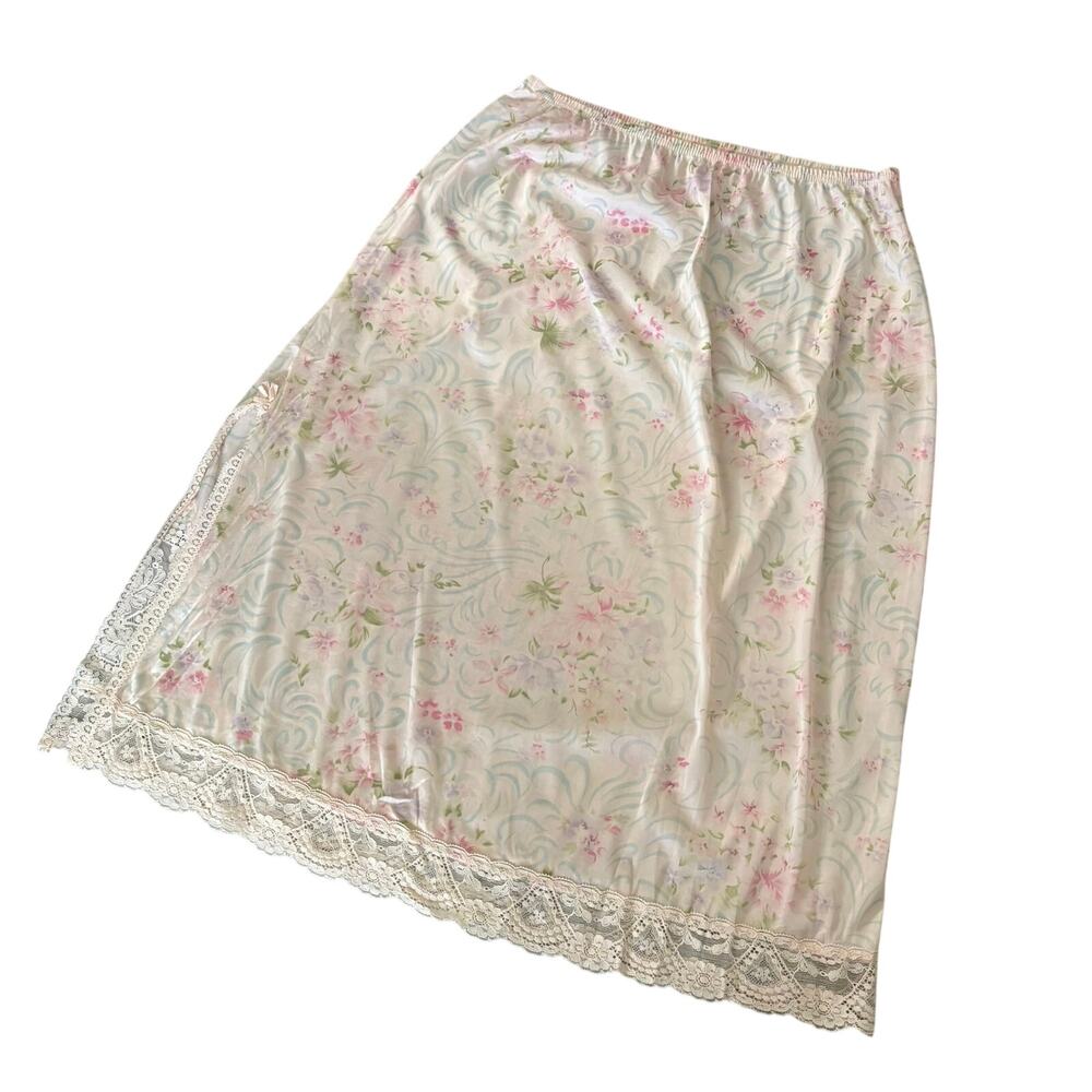 Vintage 80s Vanity Fair Peach Floral Lace Slip Skirt Slit Bow Dainty Coquette M - Picture 2 of 7